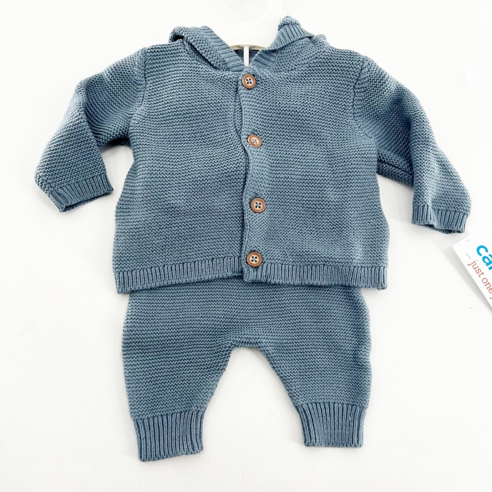 Carters Newborn Blue Knit Hooded Sweater and Pants 2pc & Socks